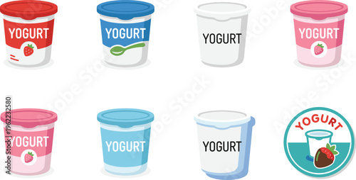 Colorful Yogurt Cup Vector Set with Strawberry Flavor Packaging Designs, Dairy Dessert Containers, Cartoon Style Icons for Food Branding and Product Labels