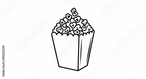 A stylized black and white outline drawing of a popcorn box overflowing with popcorn