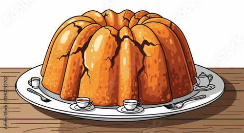 A large, cracked, golden bundt cake sits on a platter with teacups and forks