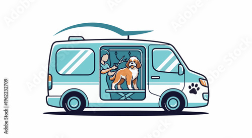 A mobile pet groomer van attends to a fluffy dog inside its service area