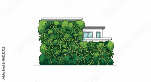 A modern building facade is covered in lush green foliage and climbing vines