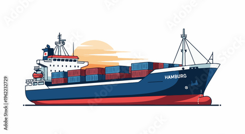 A large container ship sails across the sea at sunset