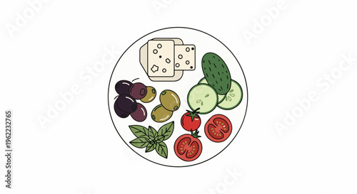 A plate with cheese, olives, basil, tomatoes, and cucumber slices