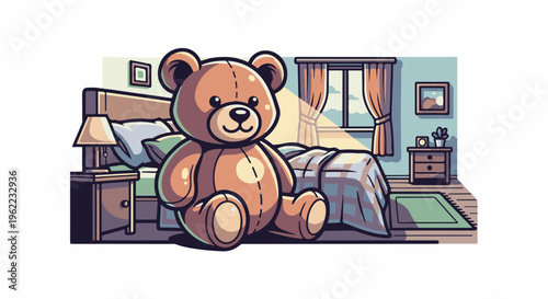 A plush teddy bear sits in a bedroom next to a neatly made bed