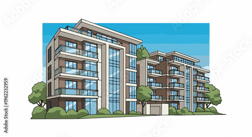 A modern, multi-story apartment building with balconies and large windows