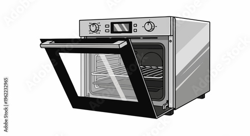 A kitchen oven with its door open, revealing racks and baking trays