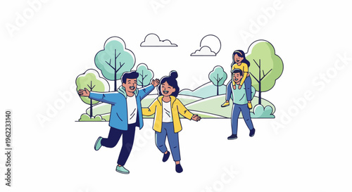 A joyful family enjoys a sunny day in a park with trees and hills