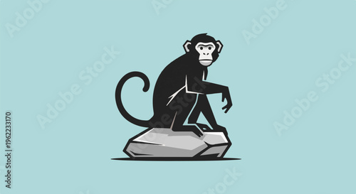 A stylized black monkey sits on a grey rock against a pale blue background