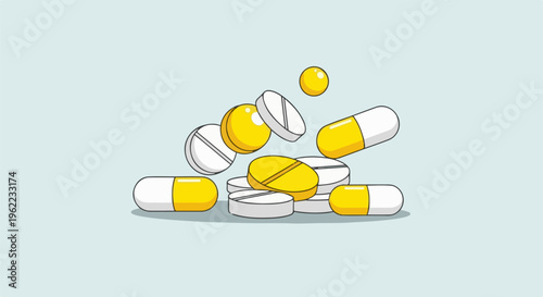 A jumble of yellow and white pills and capsules scattered on a light blue surface