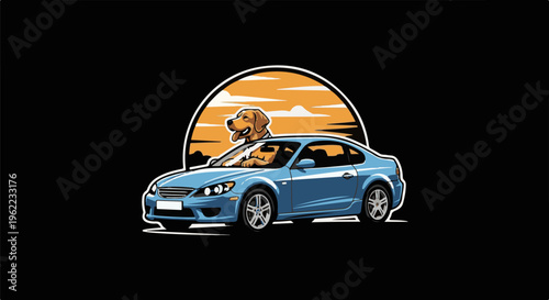 A joyful dog rides in a blue sports car against a sunset backdrop