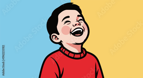 A joyful child with rosy cheeks and a wide open mouth, wearing a red sweater