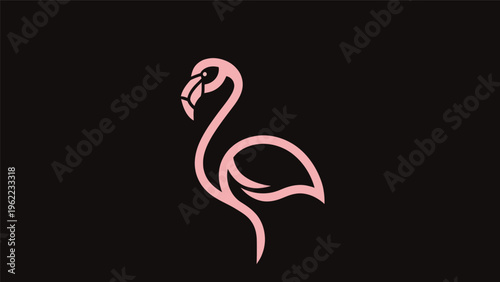 Pink flamingo line art on black background