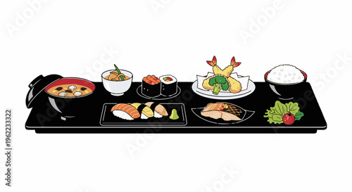 A Japanese meal of sushi, tempura, miso soup, and rice is presented