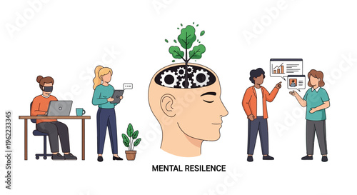 Mental Resilience and Workplace Well-being Concept. Illustrated Vector for Overcoming Challenges, Professional Growth, and Team Collaboration.