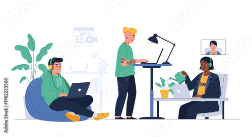 Diverse Professionals Working Remotely and in Modern Hybrid Office Environments. Flexible Workplace Solutions for Collaboration and Productivity.