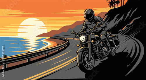 A lone motorcyclist rides along a scenic coastal highway at sunset