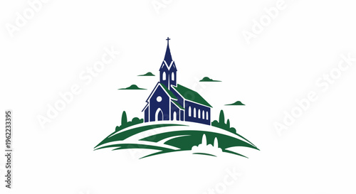 A stylized blue church with a green roof sits atop a green hill with trees