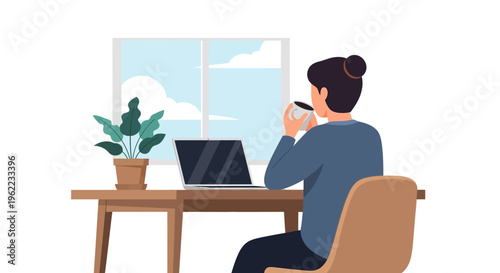Woman Relaxing with Coffee at Home Office Desk, Laptop by Window - Remote Work Illustration