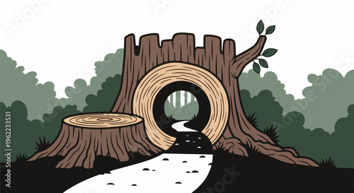 A hollowed tree trunk forms an entrance with a path leading into woods