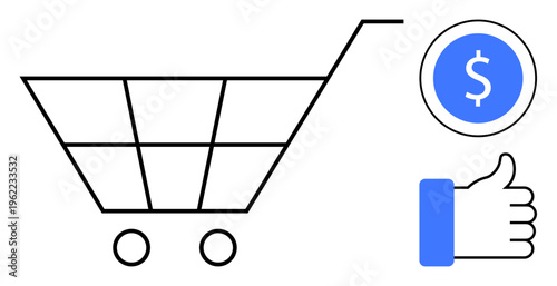 E-commerce concept. Shopping cart, dollar icon, and thumbs-up symbol visually e-commerce, online shopping, digital transactions, and customer satisfaction. Perfect for retail, marketing consumer