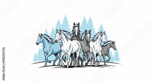 A herd of horses gallop through a wintery forest scene