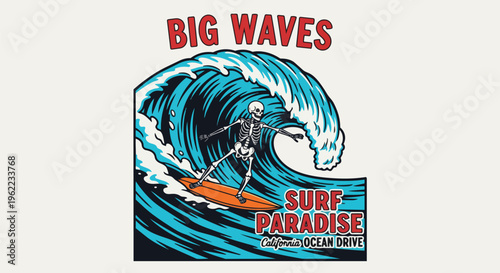 Modern Skull Rider Illustration with Dynamic Wave, suitable for surfing apparel design, extreme sports events, and travel branding.