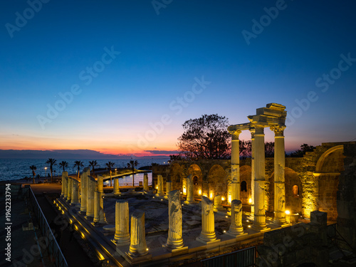 Side Antique City and Athena Temple Drone Photo, Summer Season Mediterranean Beach, Side Antalya, Turkiye (Turkey)