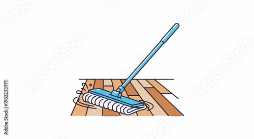 A stylized blue mop cleans a wooden floor with visible wood grain patterns