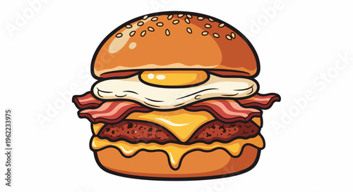 A hearty, cartoon-style breakfast burger with a fried egg and bacon