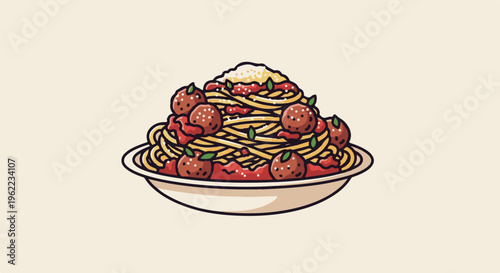 A heaping plate of spaghetti and meatballs in a simple cartoon style