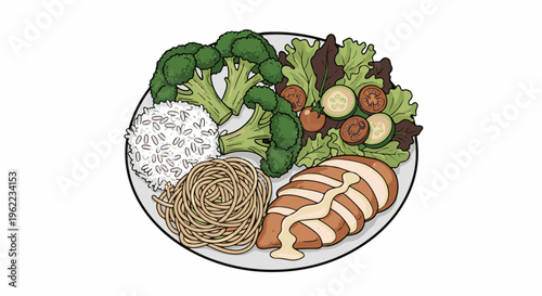 A healthy plate with grilled chicken, pasta, rice, broccoli, and salad