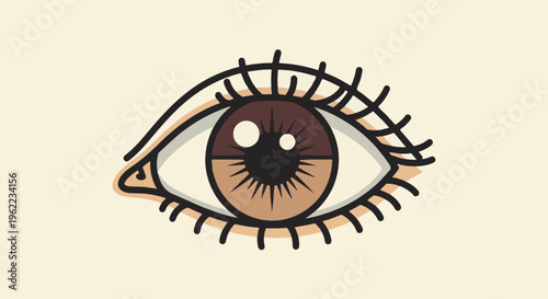 A stylized, bold line drawing of a human eye with brown iris