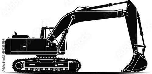 Vector silhouette of an excavator, a heavy construction machine with a powerful arm and large digging bucket, utilized for earthmoving, excavation, and demolition on industrial sites