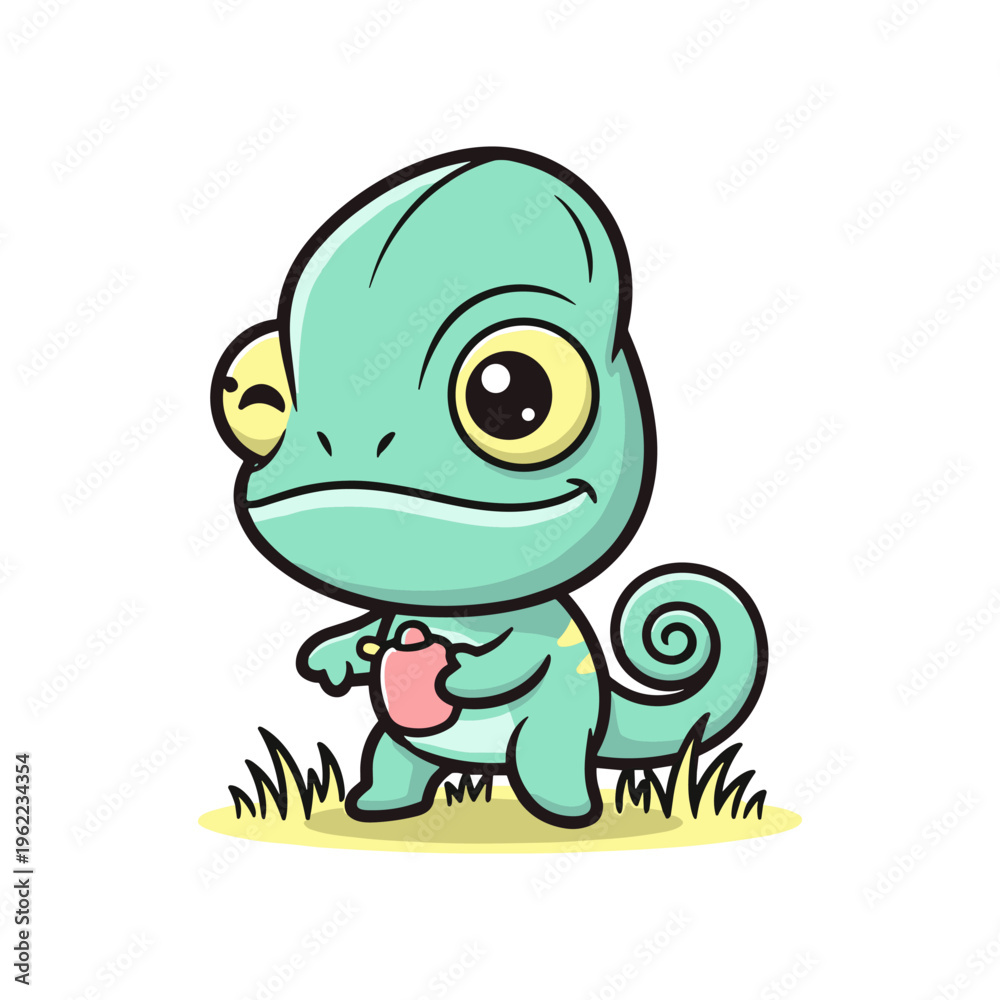 Obraz premium Cute cartoon chameleon holding heart in grass