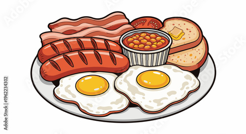 A hearty plate of breakfast includes fried eggs, sausages, bacon, beans, and toast