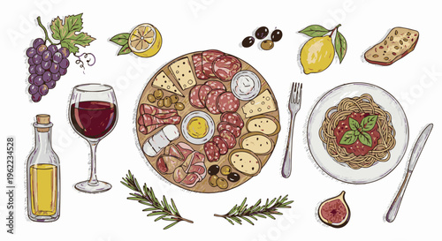 A hand-drawn illustration of an Italian charcuterie board, pasta, wine, and figs