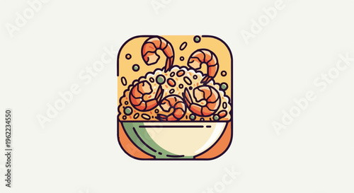 A stylized bowl of fried rice with whole shrimp and peas