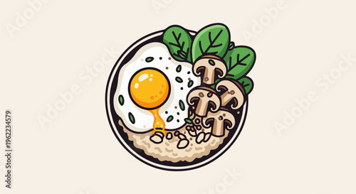 A stylized bowl of oatmeal with a fried egg, mushrooms, and spinach