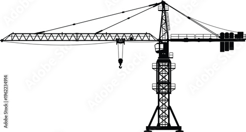 Tower crane silhouette for construction projects, an essential heavy lifting machinery in building and urban development. Iconographic representation of industrial equipment