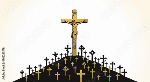 A multitude of crosses, led by a central crucifix with Jesus