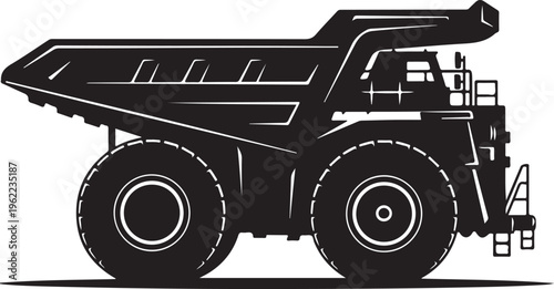 Black mining dump truck, heavy industry vehicle, construction equipment, silhouette icon