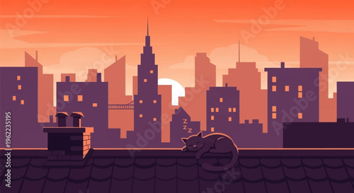 A lone cat perched on a rooftop at sunset.