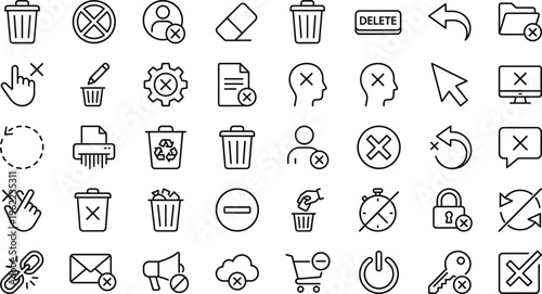 Delete and Remove Line Icon Set with Trash, Cancel, Close, Erase, Recycle, User Removal and UI Action Outline Symbols for Apps, Websites and Interface Design