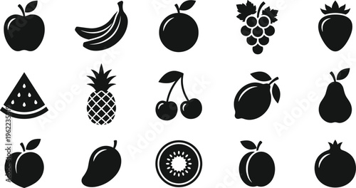 Minimalist black fruit icons, diverse collection featuring apples, bananas, grapes, and pineapples, ideal for healthy eating, web design, apps, and graphic projects