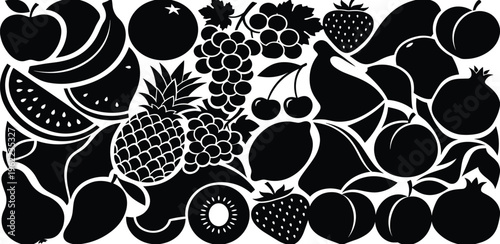 A vibrant silhouette of various fresh fruits, including bananas, grapes, strawberries, and pineapple, artfully arranged to create a visually appealing and healthy composition