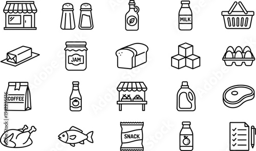 Grocery Store Line Icon Set with Food Products, Market Items, Dairy, Meat, Bread, Shopping Basket and Retail Outline Symbols for UI and Packaging Design
