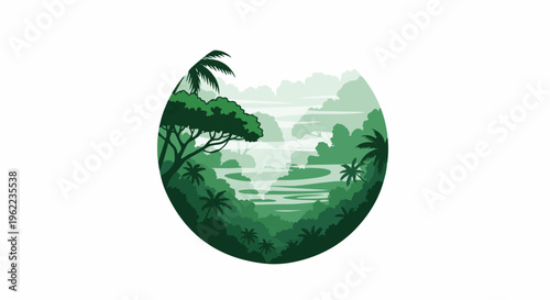 A stylized circular green jungle scene with a river and tropical foliage