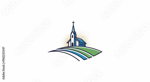 A stylized church with a steeple stands atop rolling hills under a sunburst