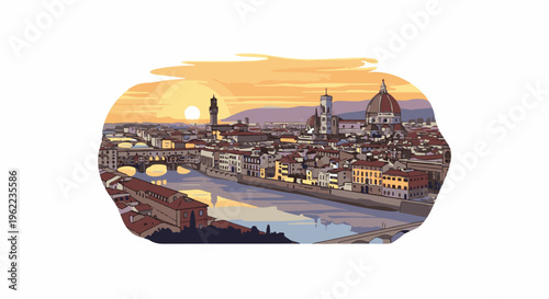 A stylized city skyline with a river and bridge at sunset