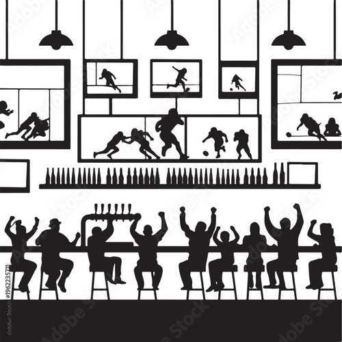A black and white silhouette illustration of a lively sports bar filled with cheering spectators